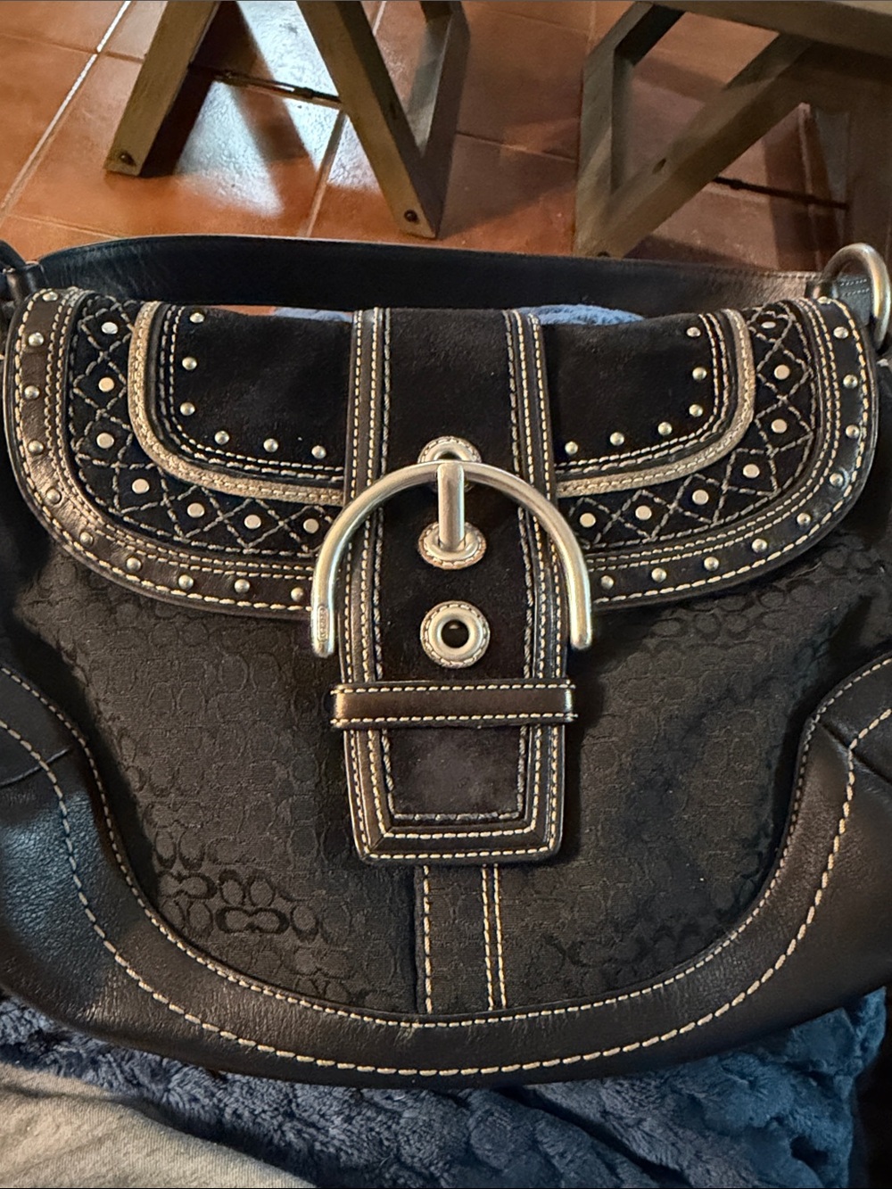 Coach Black Signature Buckle Shoulder Bag with Silver Hardware